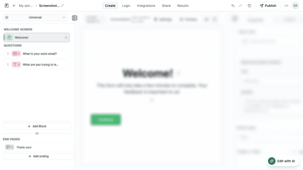 Formit form builder canvas with question blocks and preview
