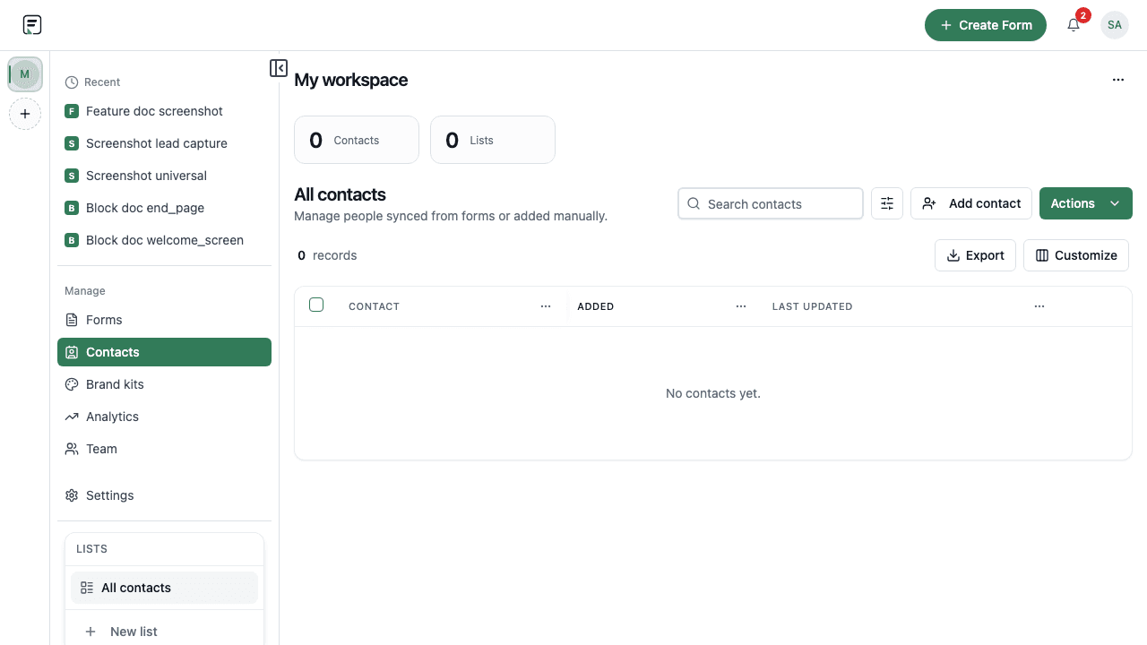Formit Contacts dashboard with lists and profile fields