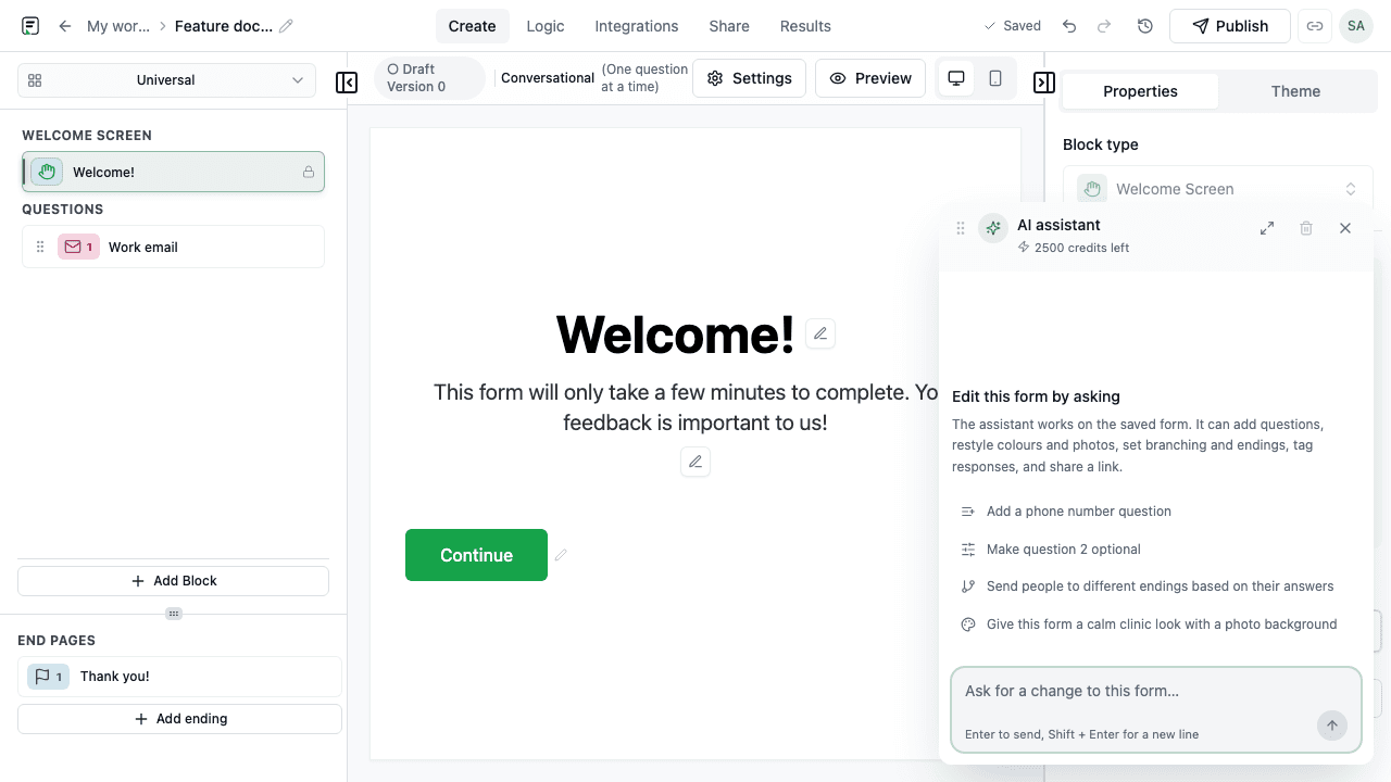 Formit builder Form AI chat panel