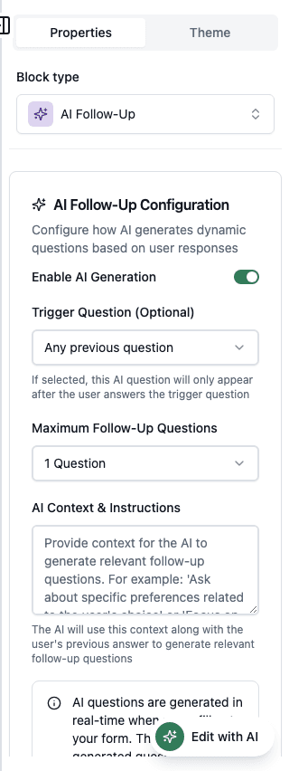 AI Follow-Up properties in the Formit builder