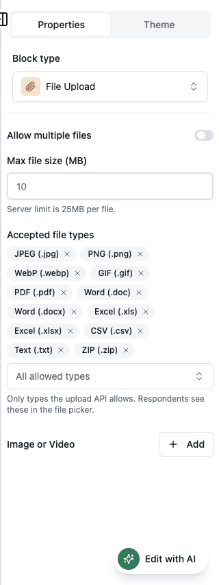 File Upload properties in the Formit builder
