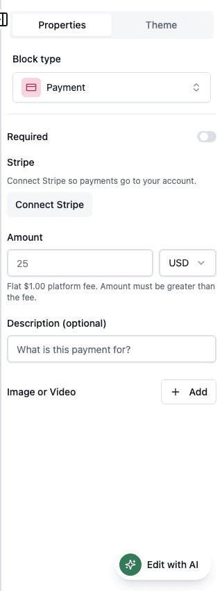 Payment properties in the Formit builder