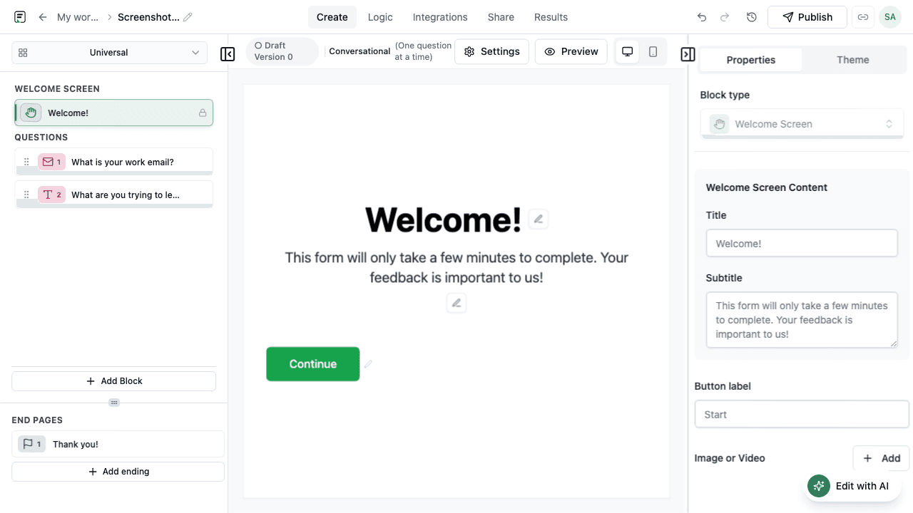 AI-generated form open in the Formit builder canvas