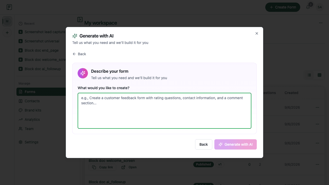 AI form generation prompt screen in Formit