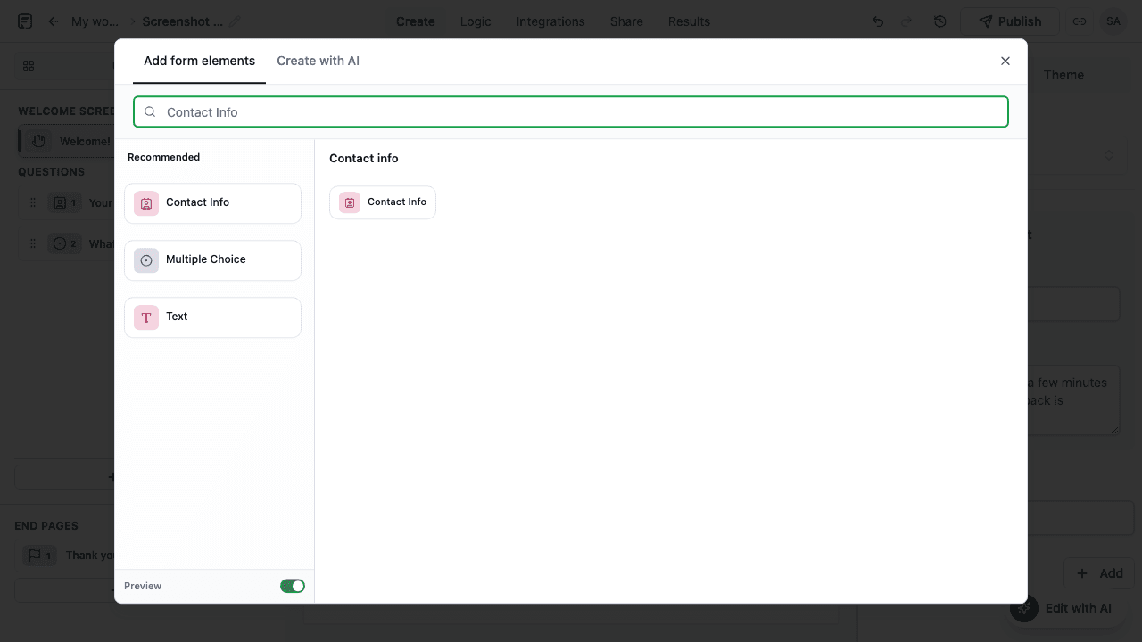 Add block modal with Contact Info selected