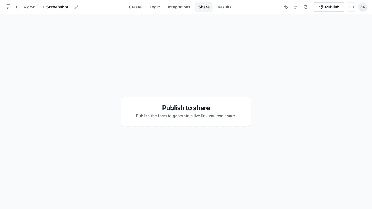 Publish and share options for a lead capture form