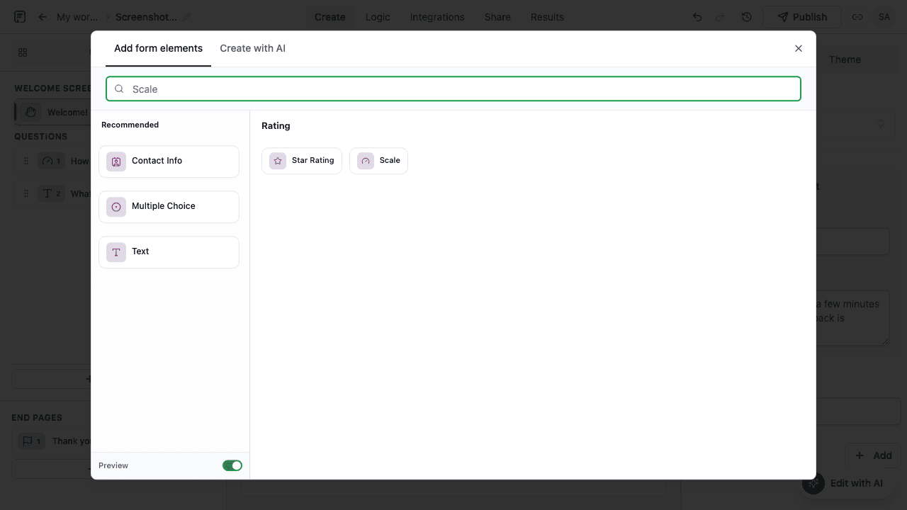 Scale block in the add block modal for NPS questions