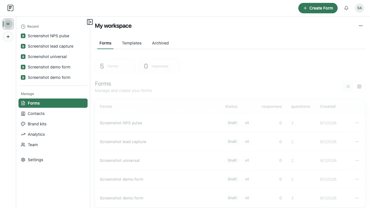 Formit workspace forms dashboard