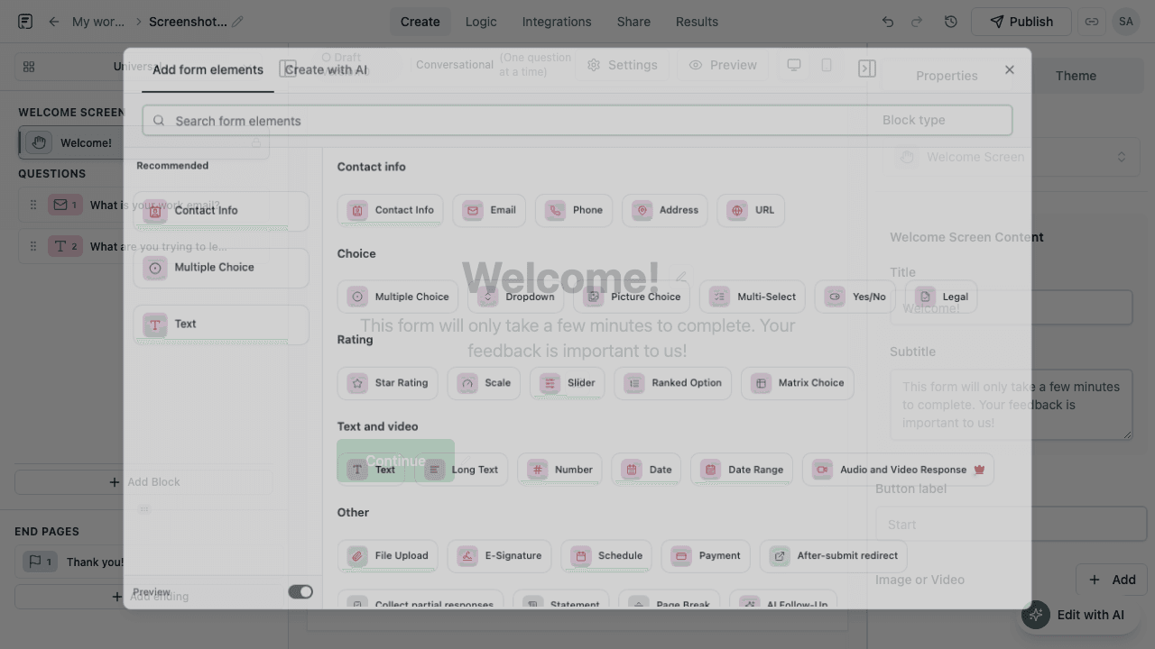 Add block modal showing field types in Formit