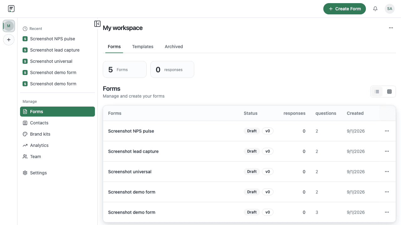 Forms dashboard listing workspace forms