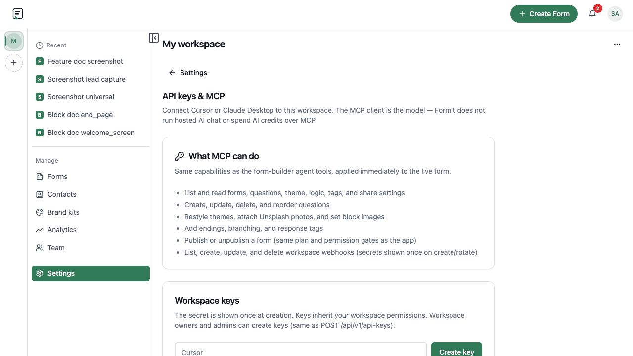 Formit workspace API keys list