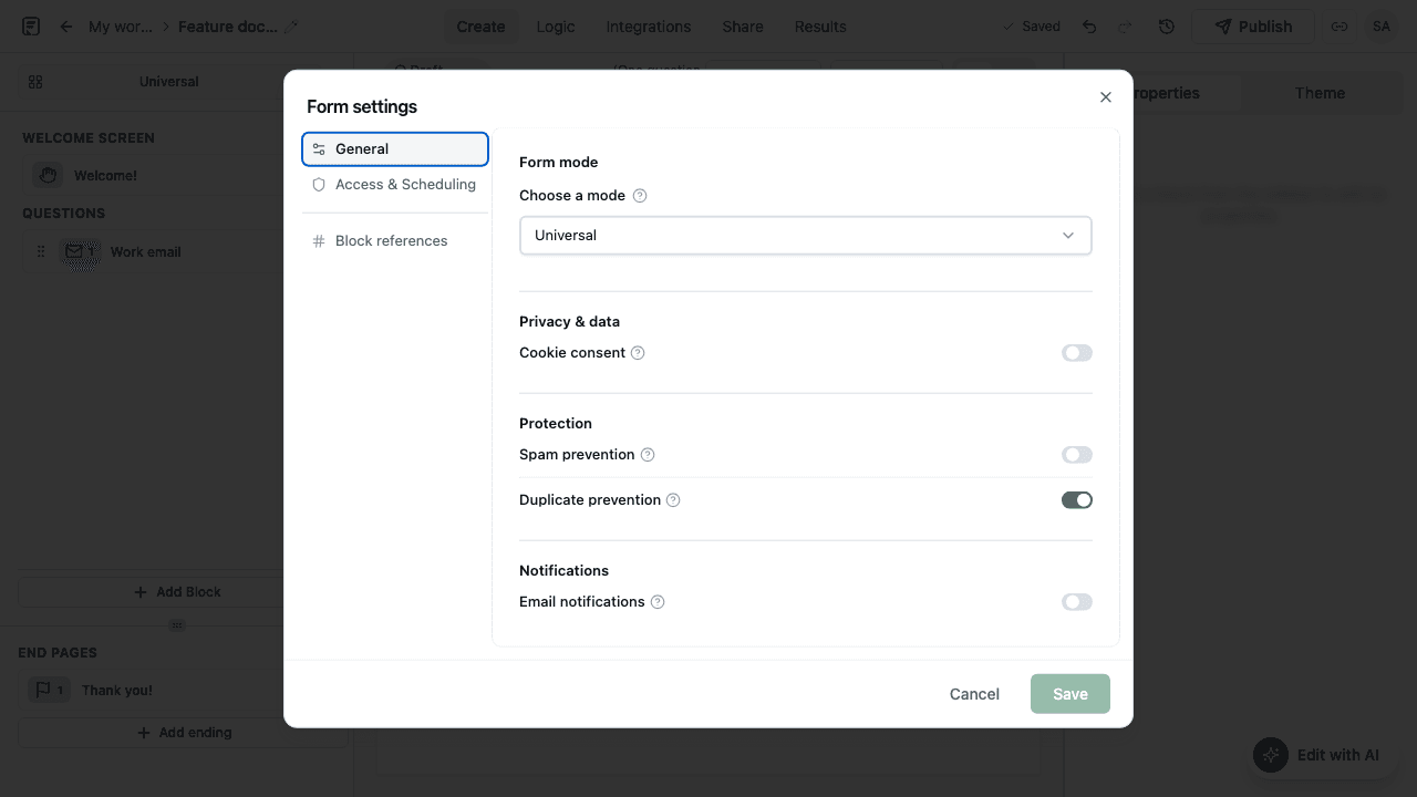 Formit form settings including email notifications