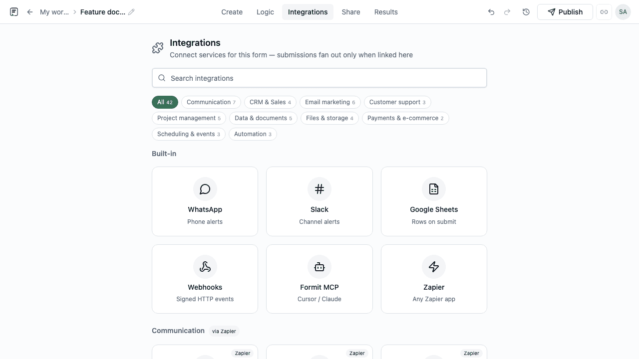 Formit form builder Integrations panel