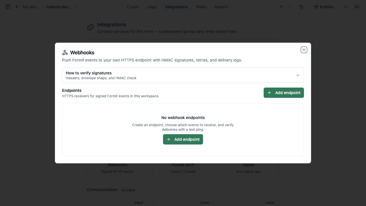 Formit webhooks configuration and delivery log