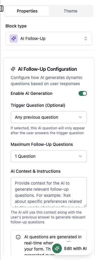 AI Follow-Up properties in the Formit builder