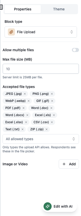 File Upload properties in the Formit builder
