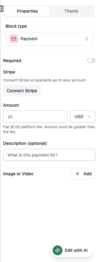 Payment properties in the Formit builder