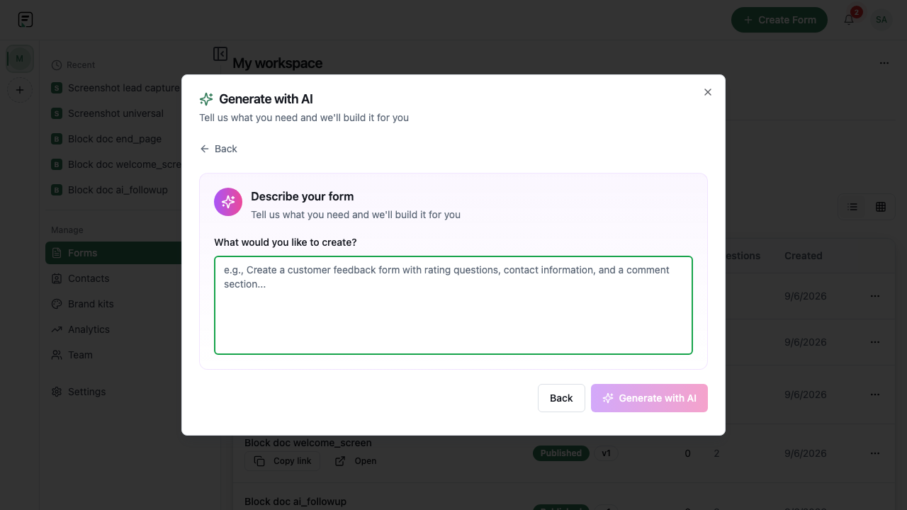 AI form generation prompt screen in Formit
