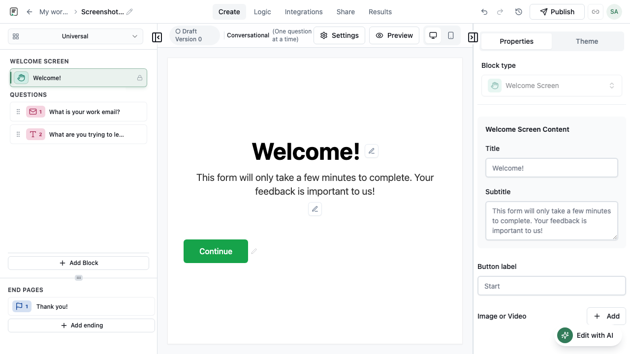 Form builder preview of the form being embedded