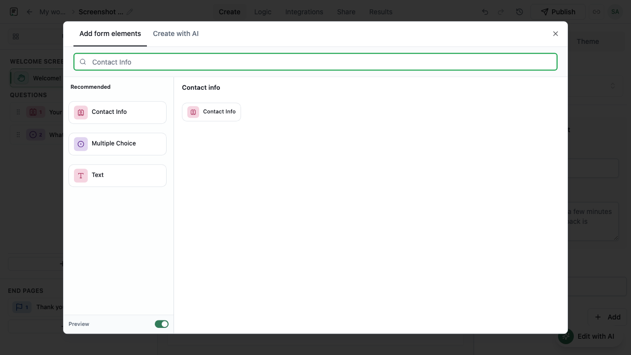 Add block modal with Contact Info selected