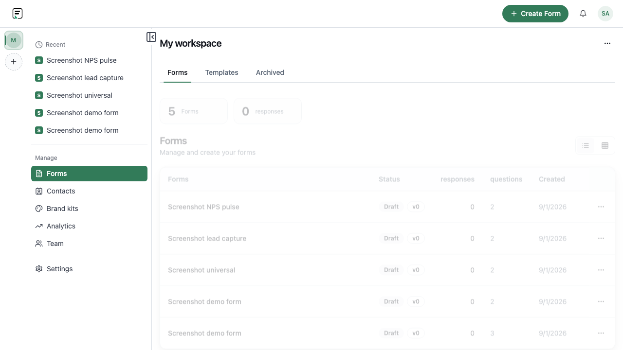 Formit workspace forms dashboard