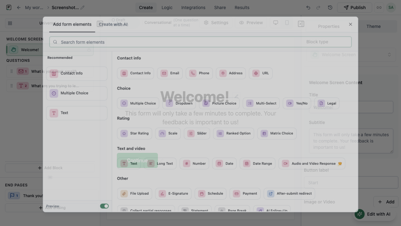 Add block modal showing field types in Formit