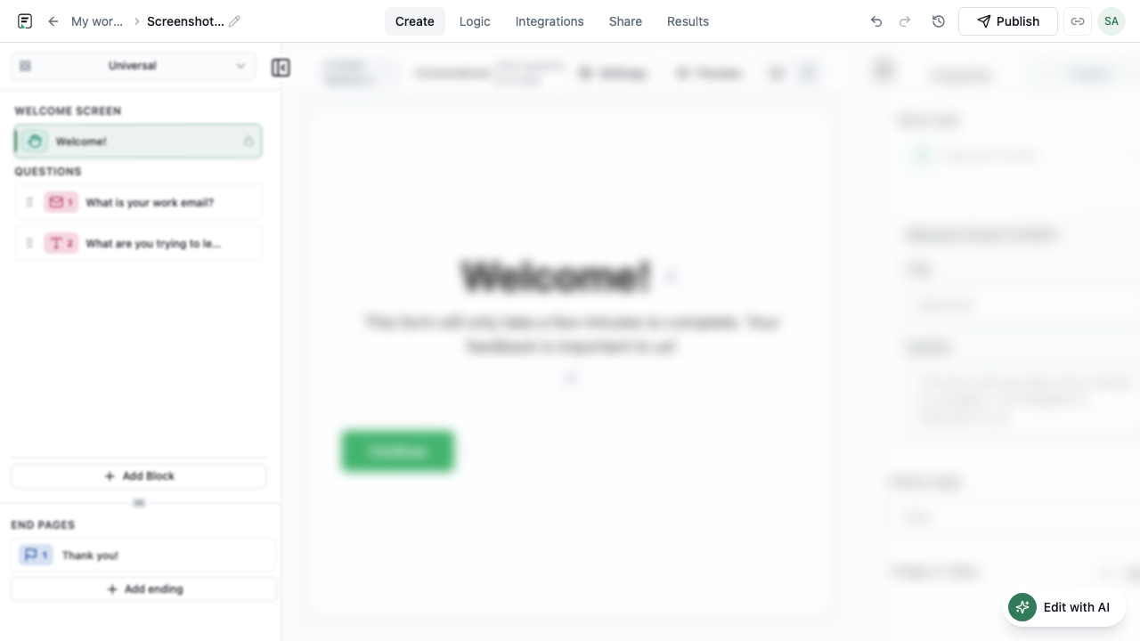 Formit form builder canvas with question blocks and preview