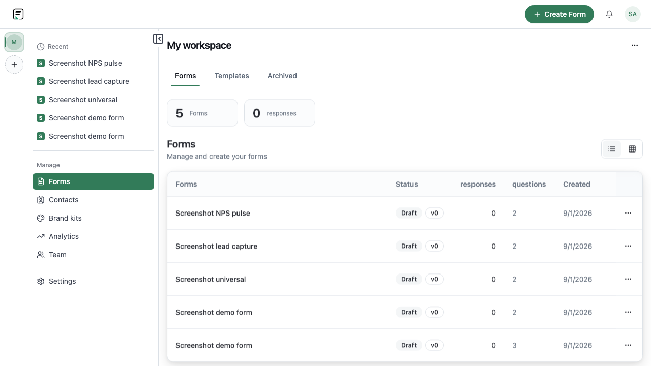 Forms dashboard listing workspace forms