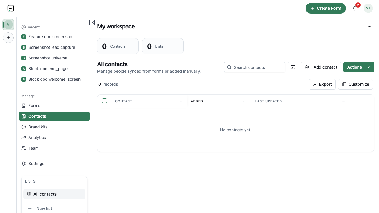 Formit Contacts dashboard with lists and profile fields