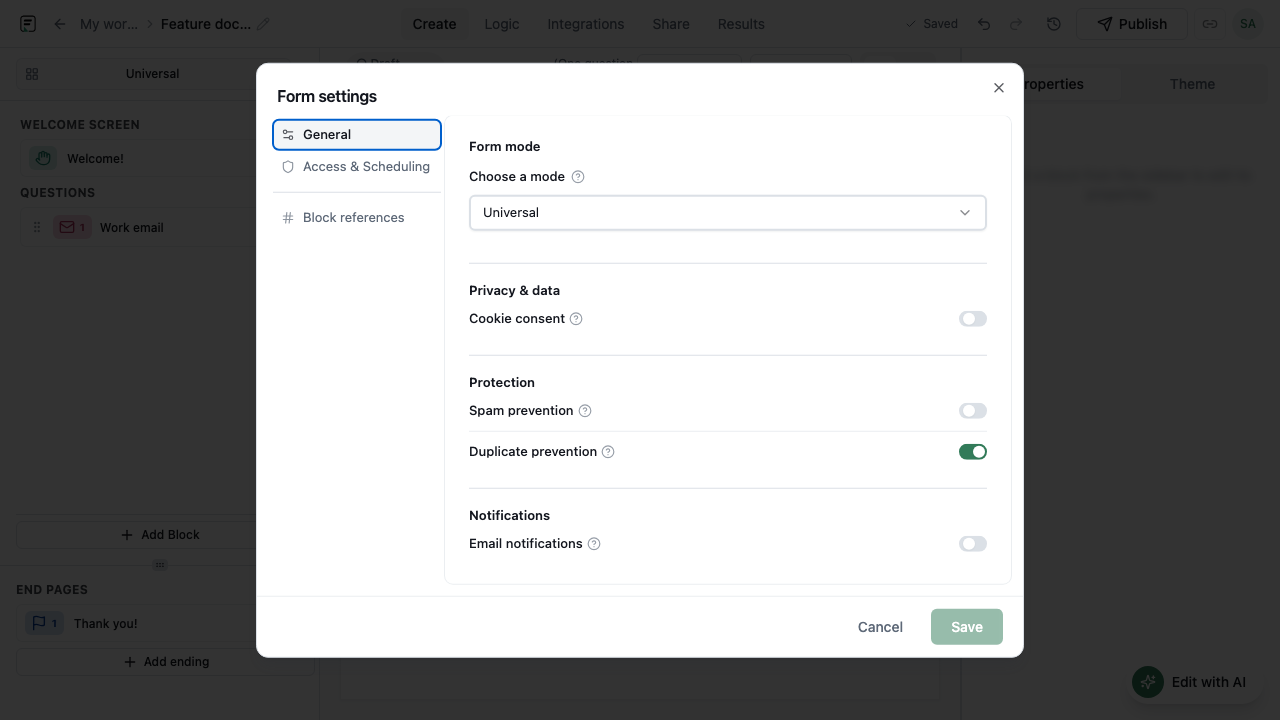 Formit form settings including email notifications