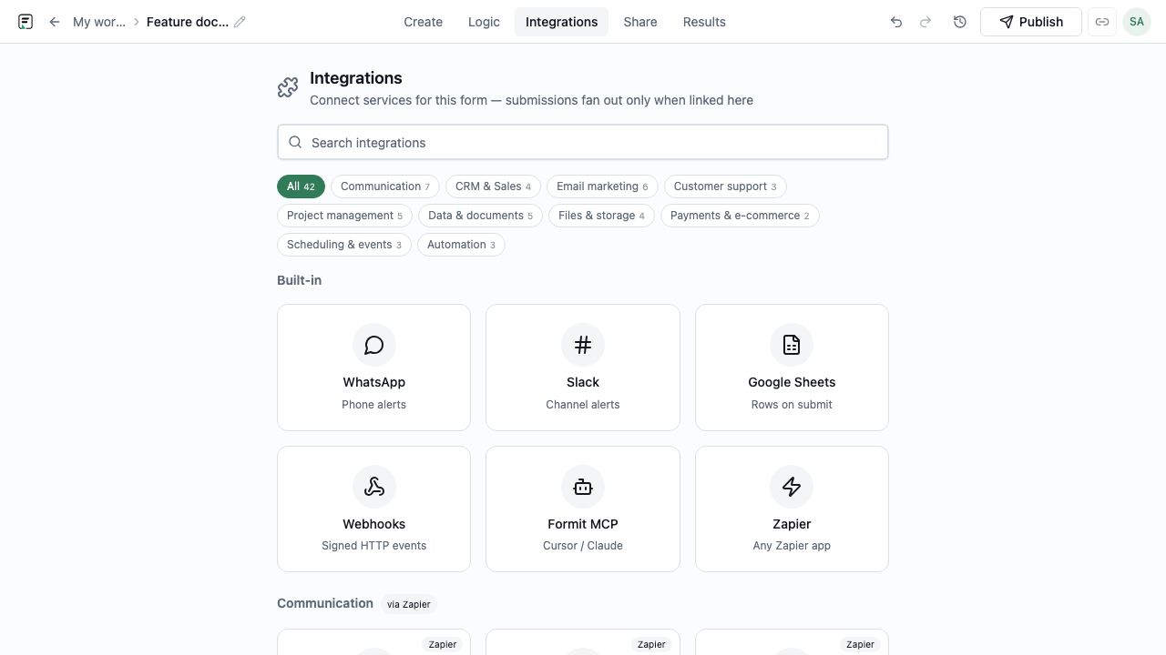 Formit form builder Integrations panel