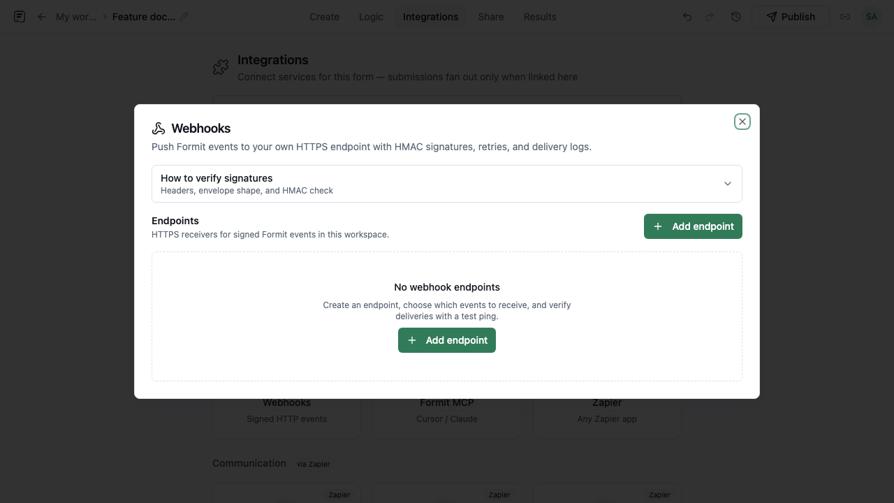 Formit webhooks configuration and delivery log